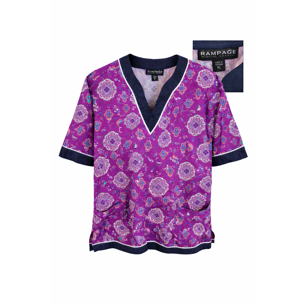 Rampage Medical Apparel V-Neck Printed Scrub Top Paisley Floral Purple XL